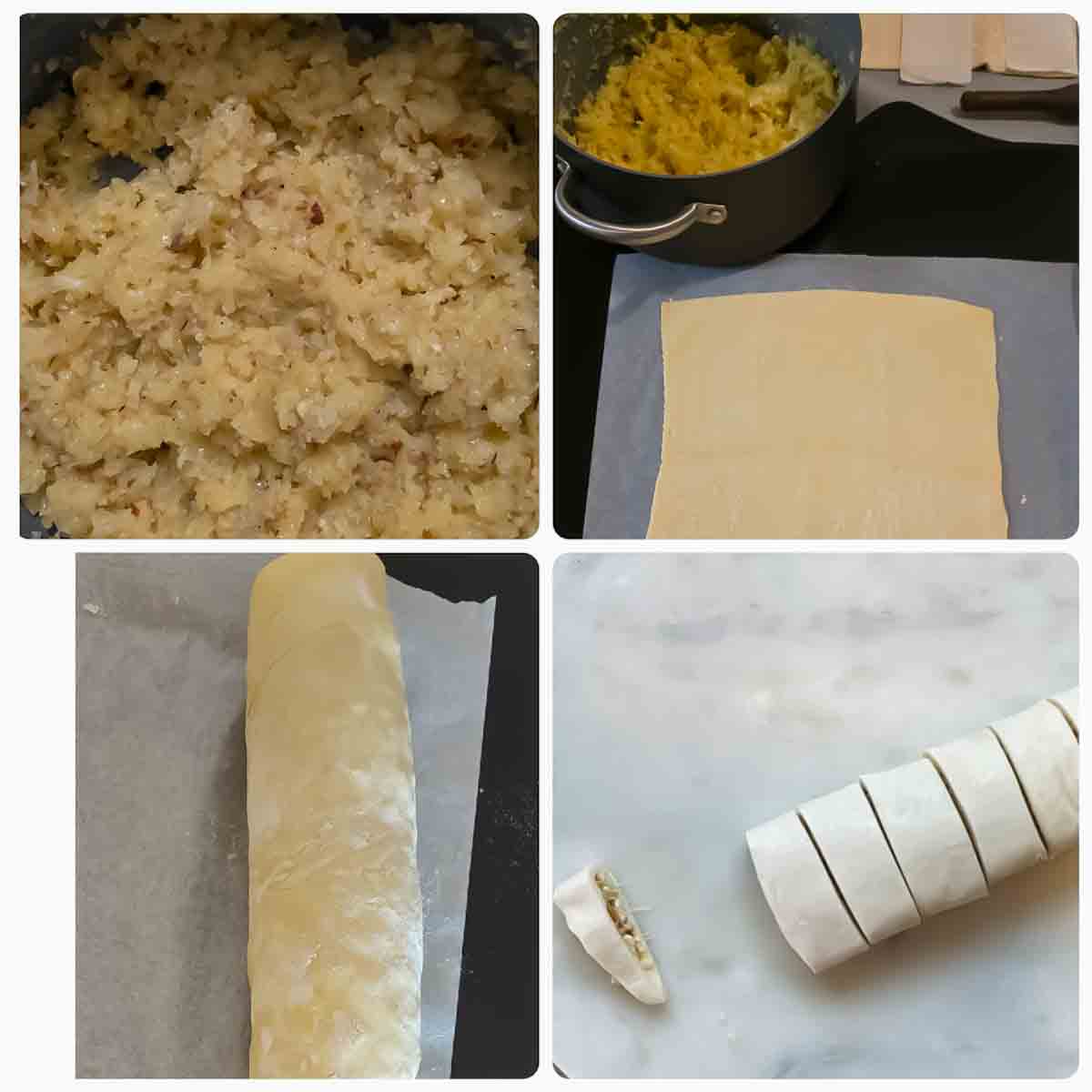 Process step collage showing 4 important steps in making Air Fryer Puff Pastry Gujiya Bites.