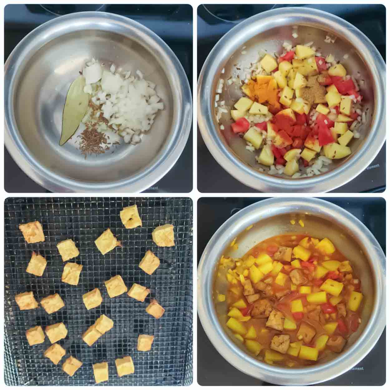 Process step collage showing how to make one-pot Indian tofu curry recipe.