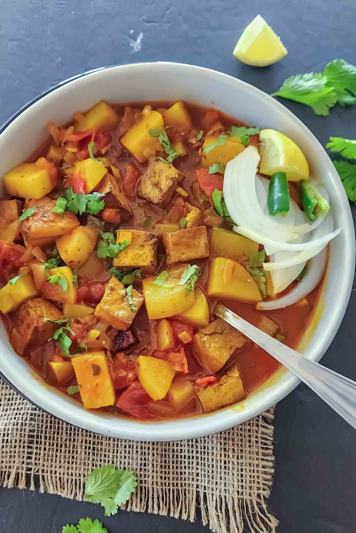 Homemade Indian tofu curry with potatoes and spices.