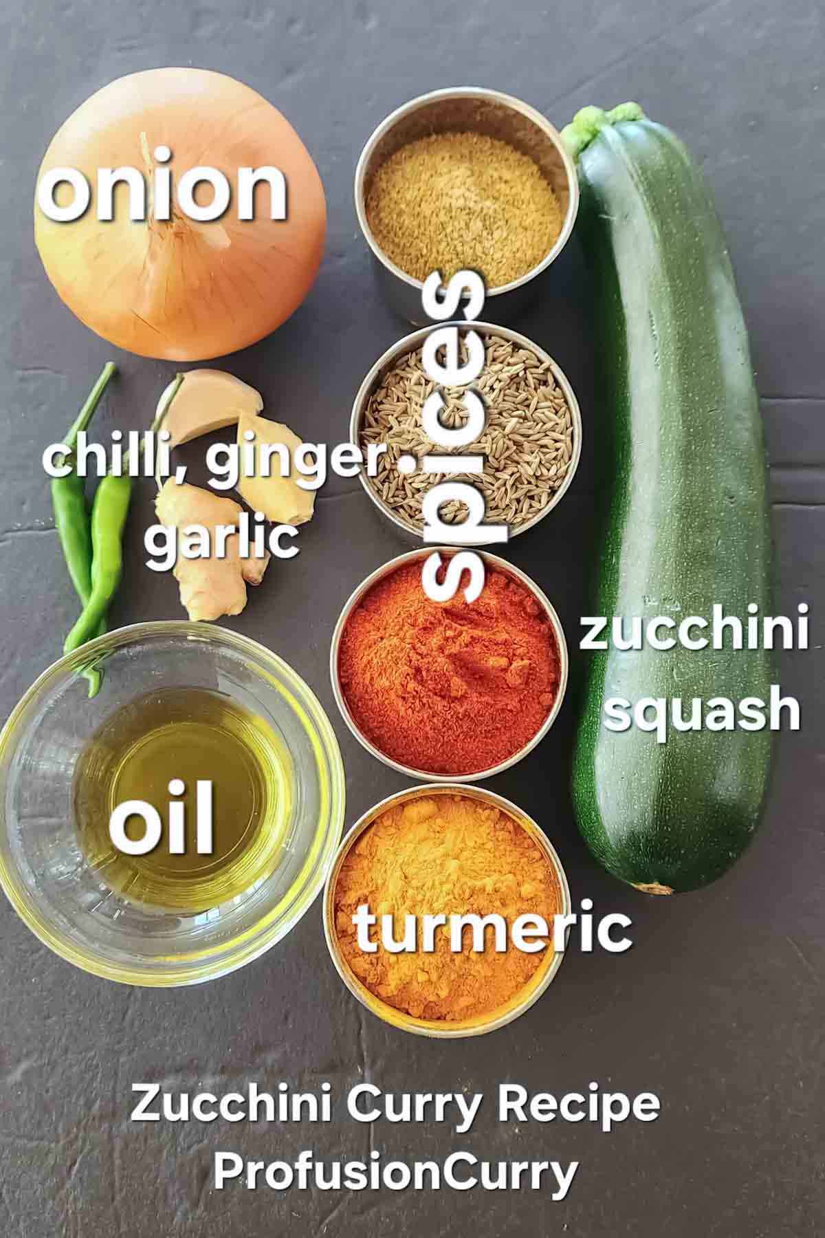 Ingredients used in making vegan and gluten-free Indian Zucchini Curry Recipe.