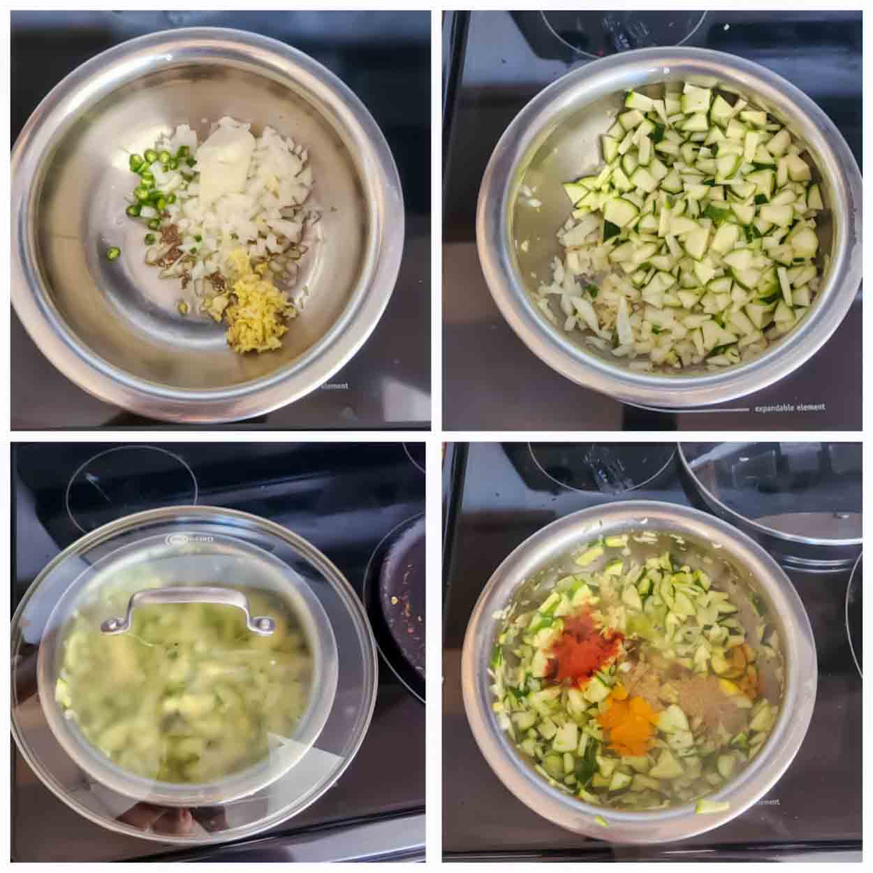 Image collage showing how to make Indian Zucchini Curry Recipe.