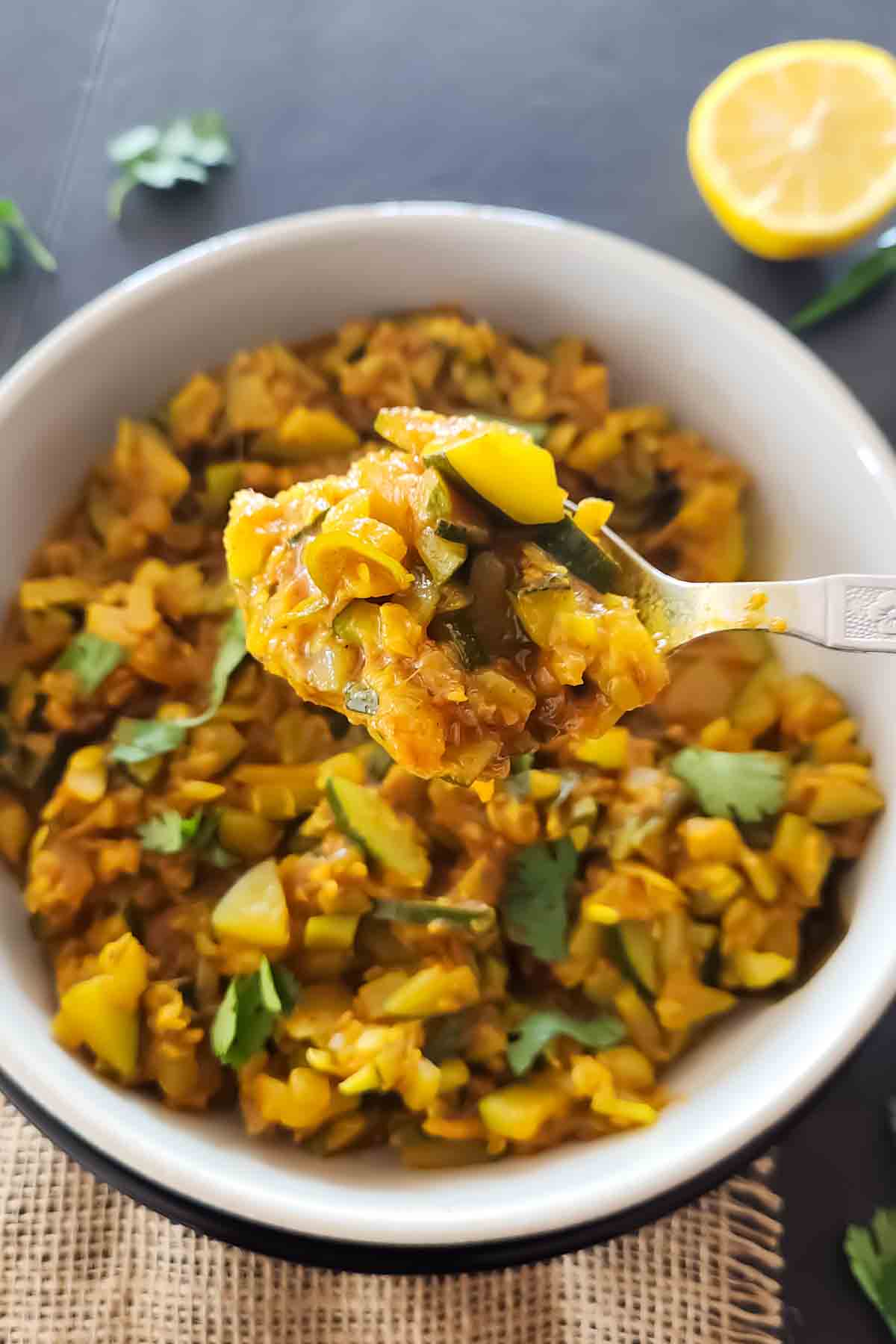 Zucchini sabzi with Indian spices and fresh cilantro.