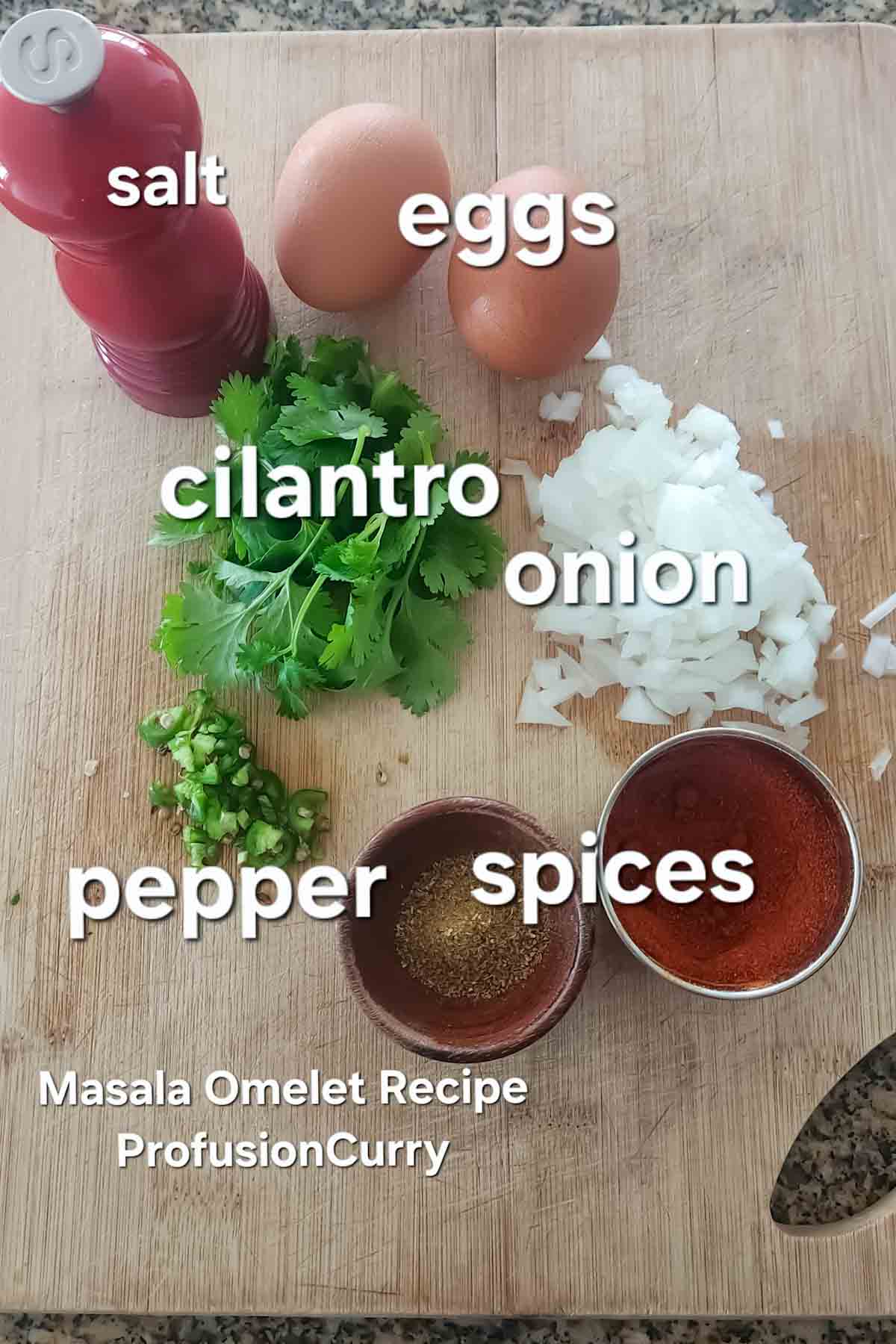Basic and inexpensive ingredients used in making Masala Omelette which is Indian spiced omelete.