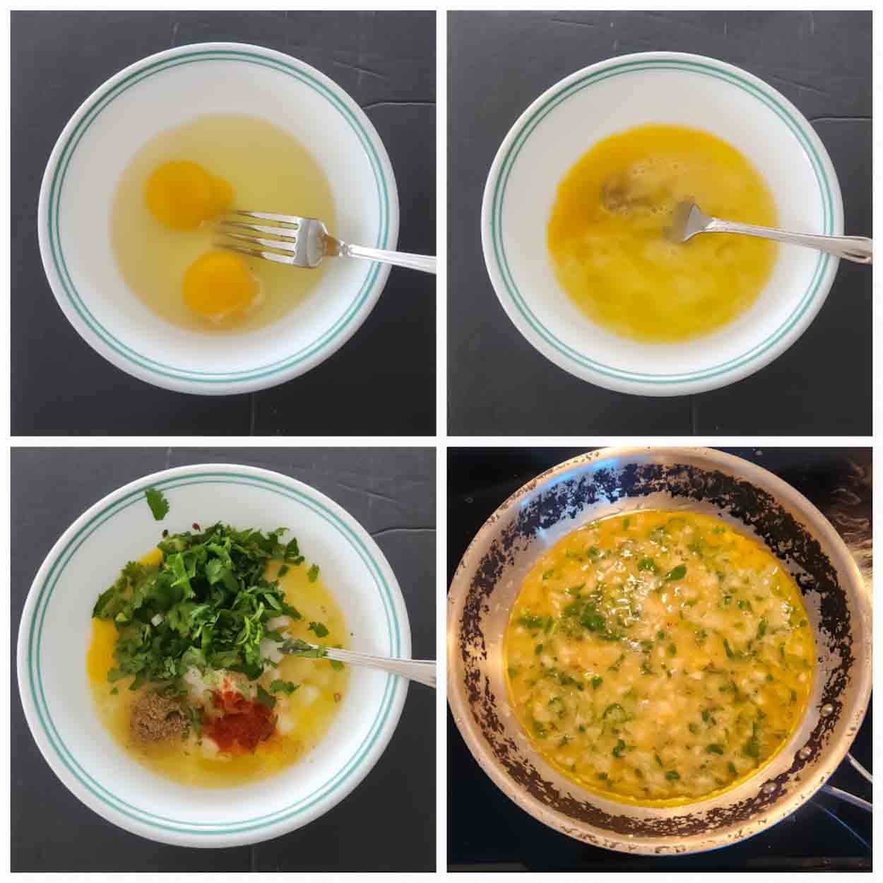 Process step collage showing how to make spicy Indian Omelette called Masala Omelette.