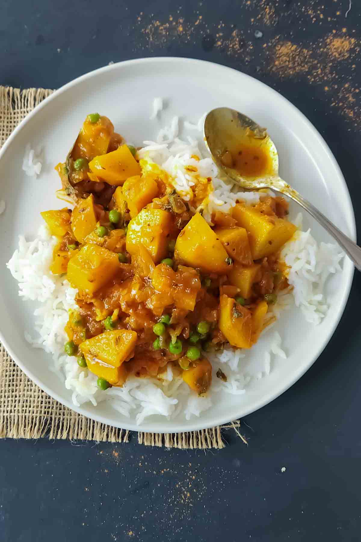 Potato curry served with rice or an easy Indian dinner.