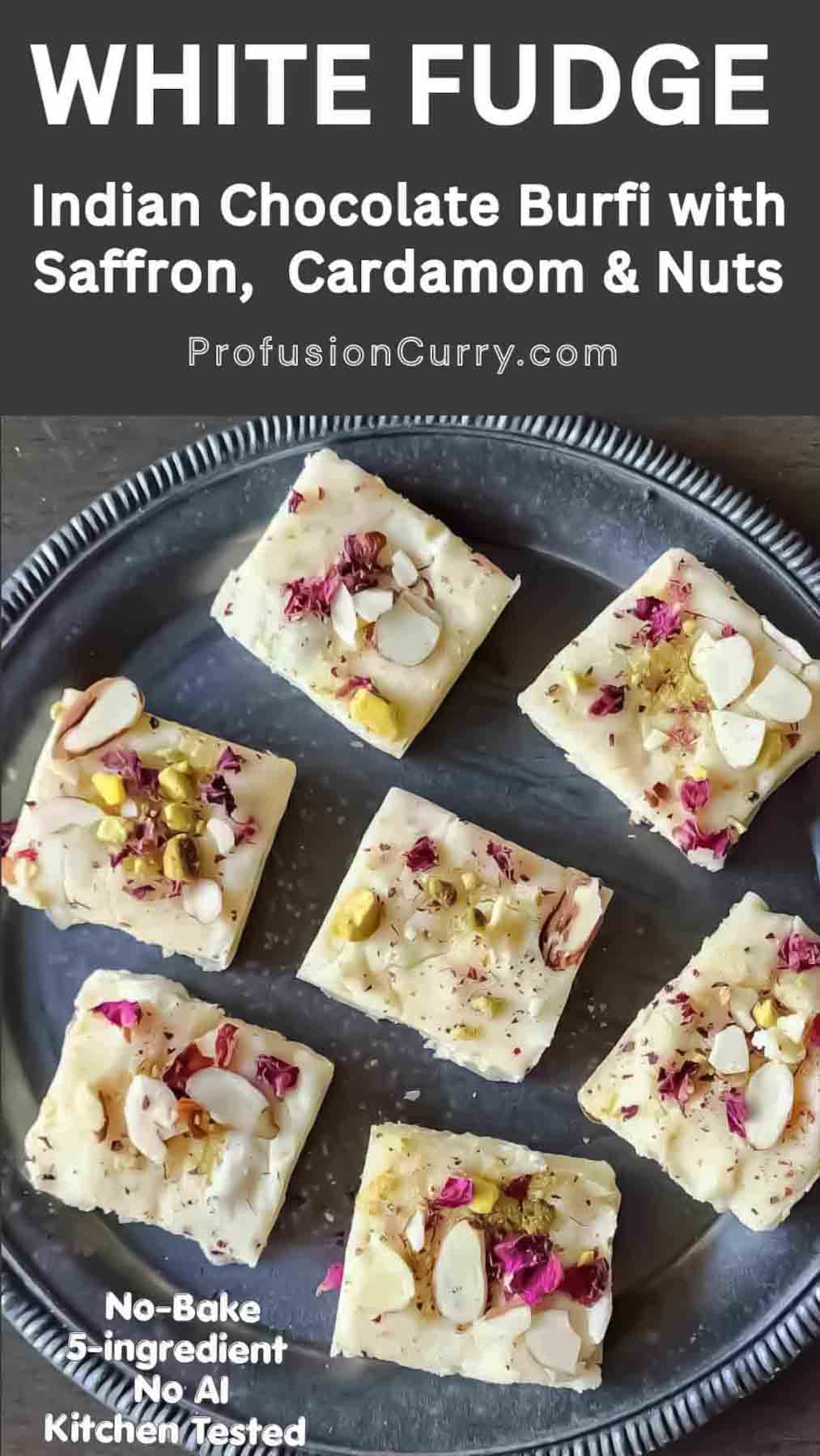 This easy Saffron Cardamom White Chocolate Fudge takes just 5 ingredients! Creamy white chocolate, fragrant saffron, warm cardamom and crunchy nuts make this Indian-inspired fusion dessert perfect for Diwali, holidays, parties and homemade edible gifts.