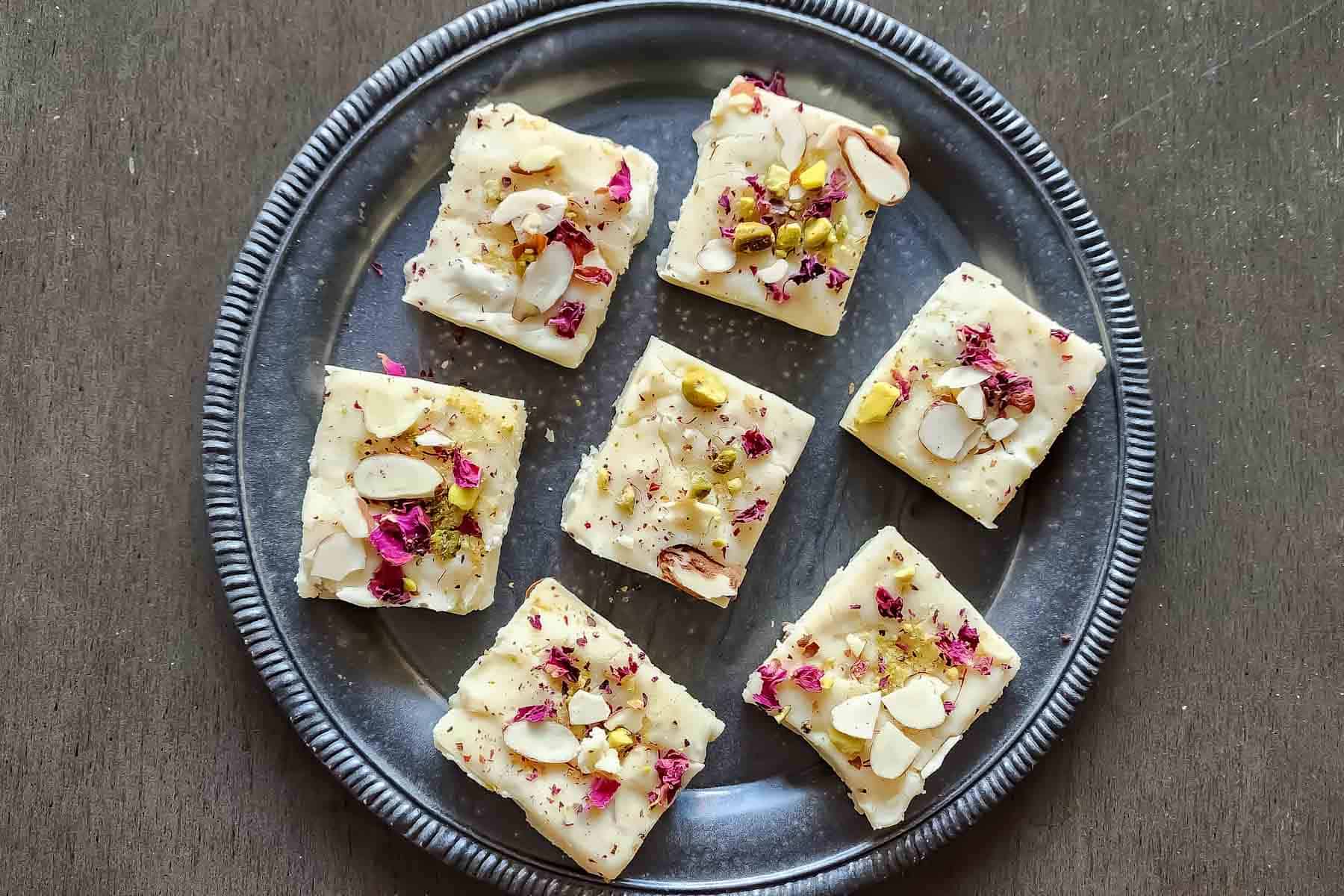 Indian-inspired white chocolate fudge with pistachios and almonds.