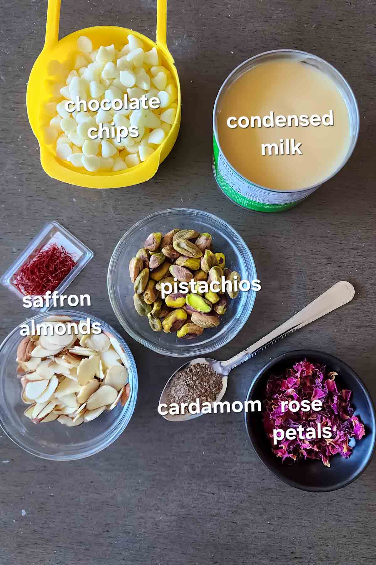 Ingredients used in making Indian inspired White Chocolate Fudge. This recipe makes excellent fusion Indian dessert called Burfi Fudge, rasmalai fudge or kulfi fudge.