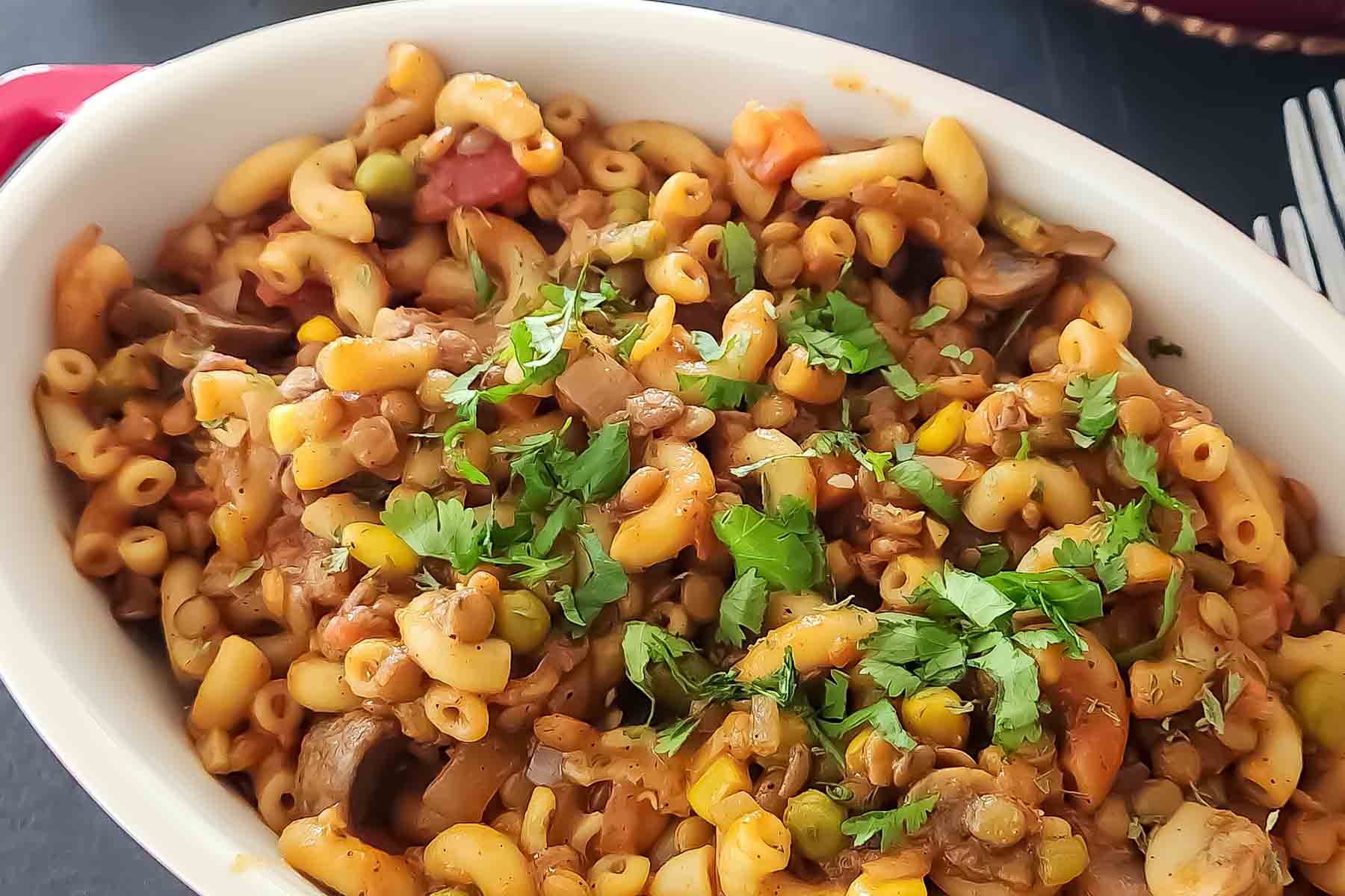 High protein vegan American goulash one pot dinner.