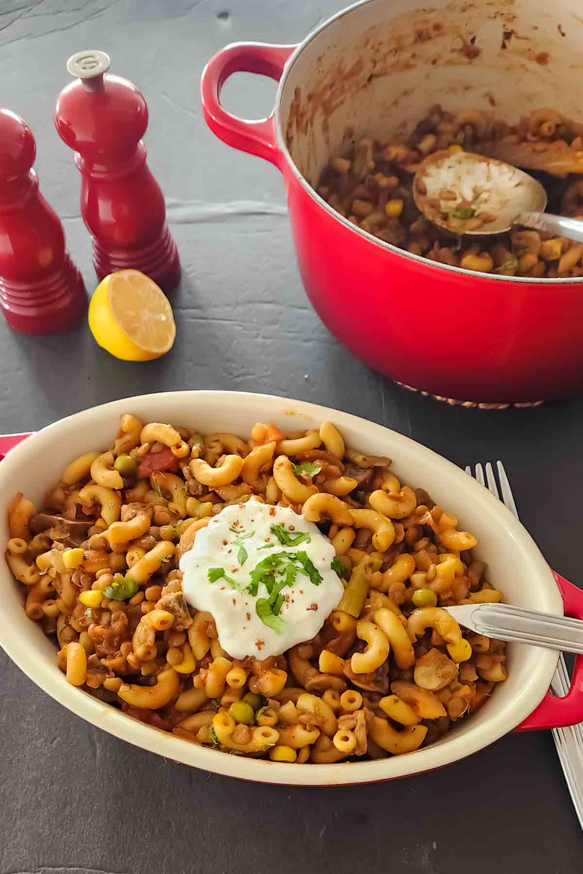 Budget friendly vegan goulash recipe with pasta and lentils.