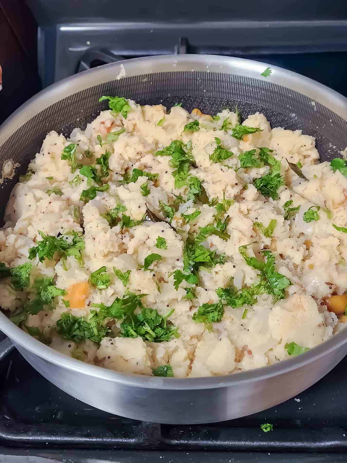 South Indian rava upma made with roasted semolina, and Indian oil tempering.