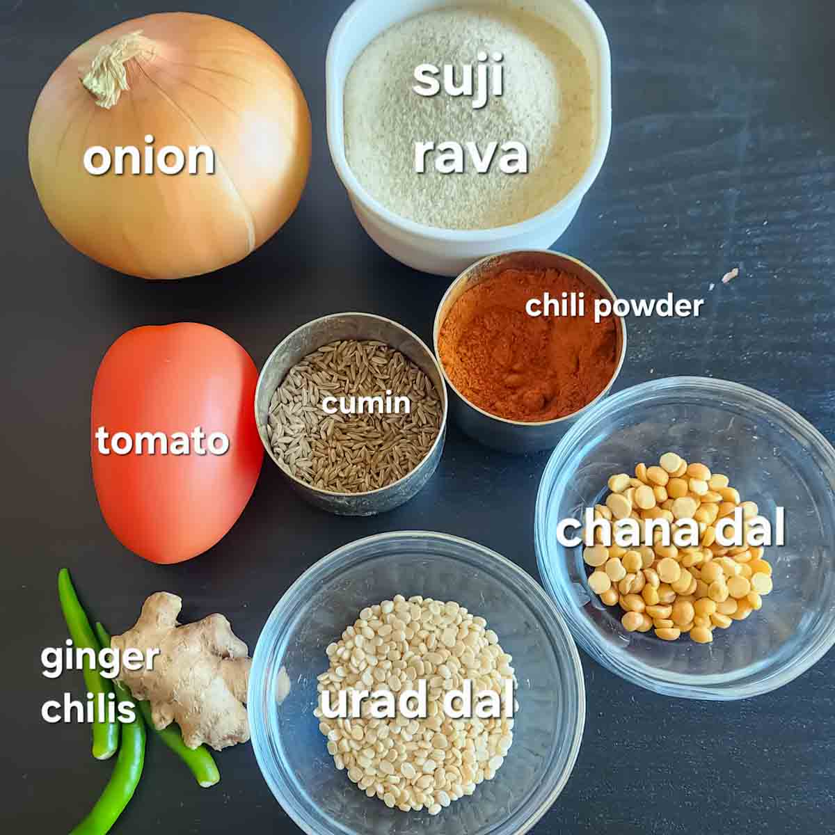 Ingredients used in making vegan rava umpa - which is Indian Spiced Cream of Wheat.