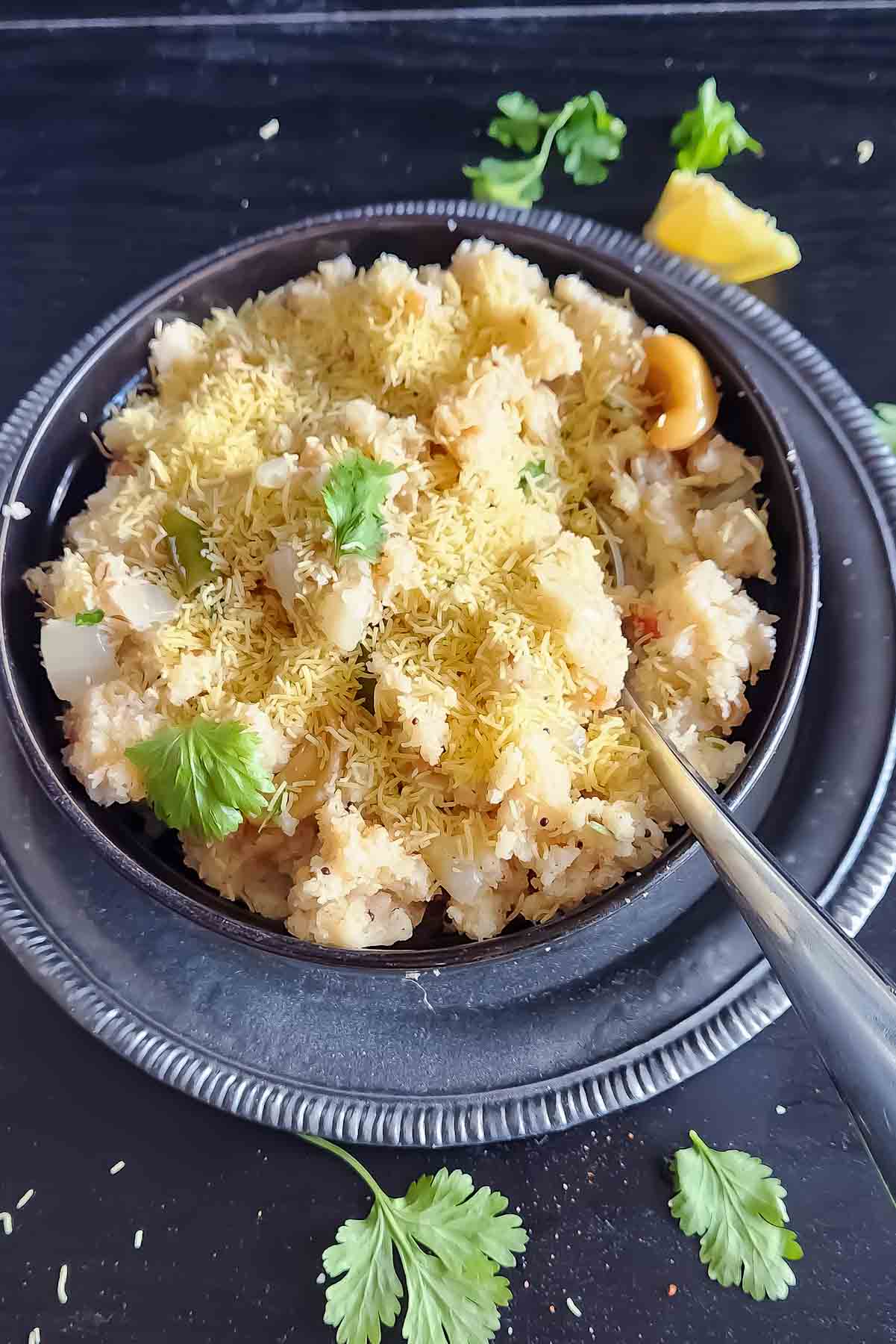 Bowl of soft and fluffy suji upma with vegetables and cilantro.