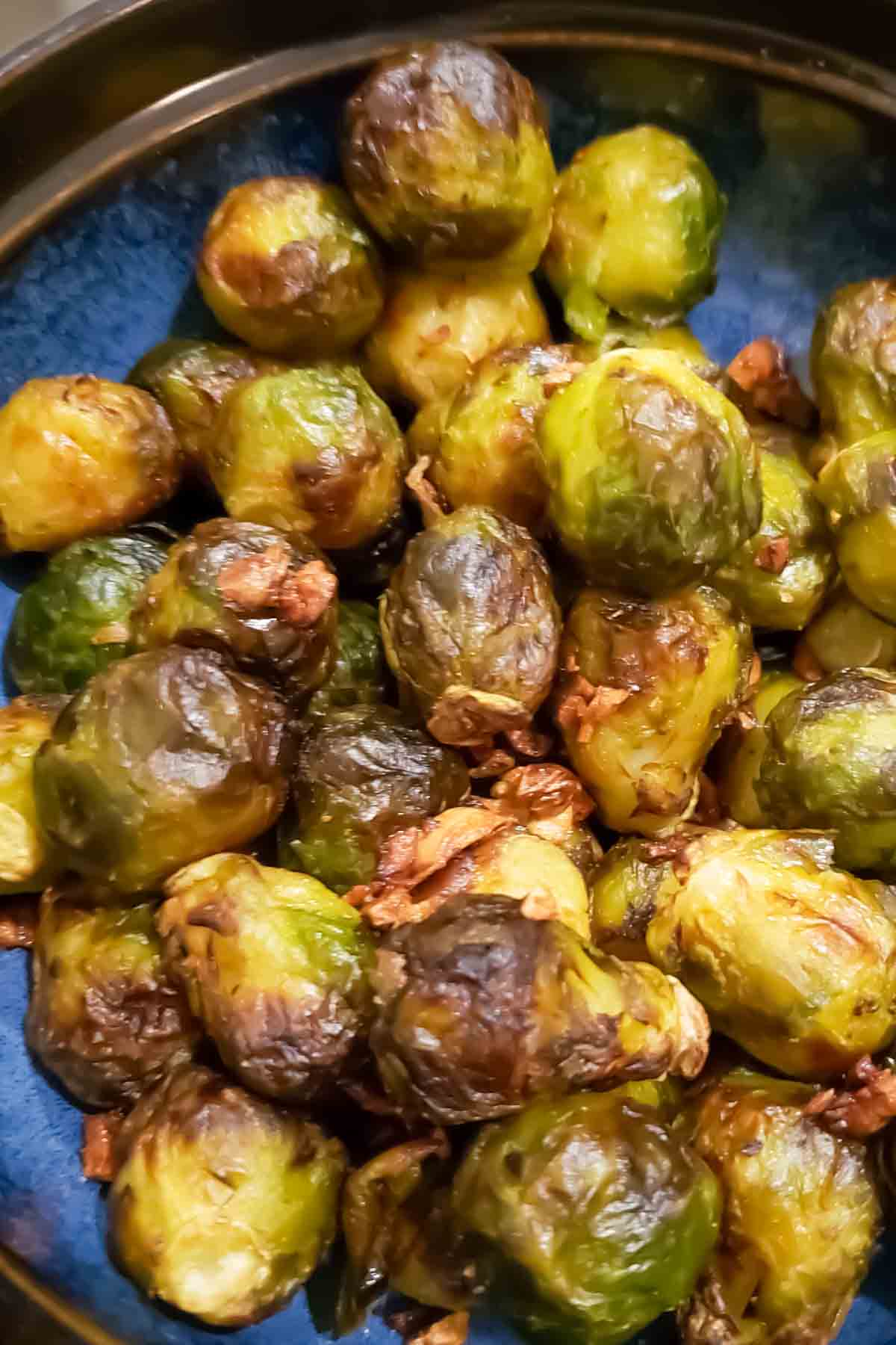 Crispy maple balsamic roasted Brussels sprouts served as a side dish.