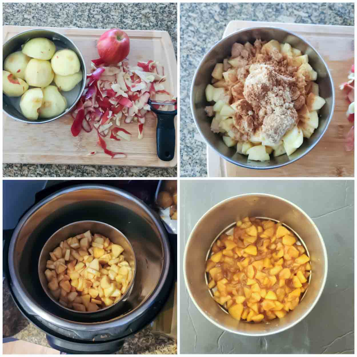 Process step collage showing how to make homemade apple pie filling or cinnamon apples recipe.
