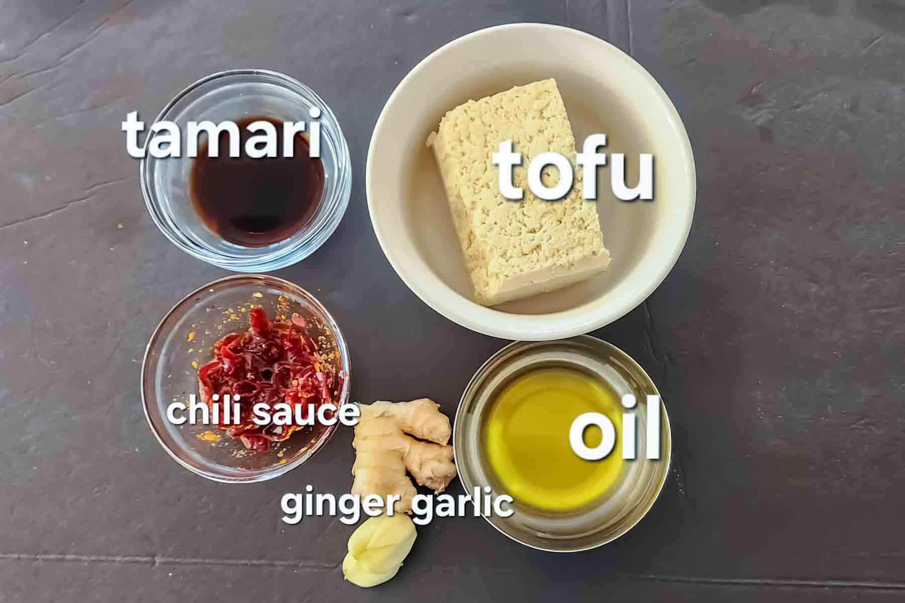 Simple and inexpensive ingredients used in making vegan ground tofu recipe.