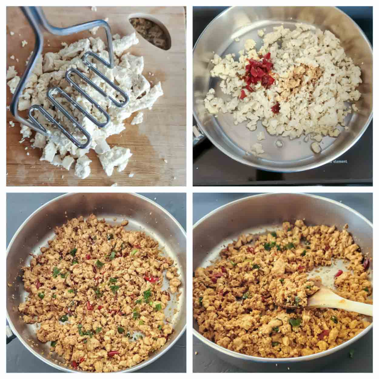 Process step collage showing how to make Make this easy ground tofu with chili crisp, tamari, garlic, and ginger.