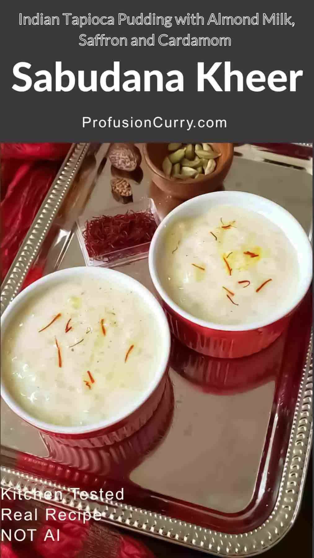 Make this creamy Sabudana Kheer recipe with just 5 simple ingredients! This easy Indian tapioca pudding features tender sabudana pearls, almond milk, cardamom, saffron, and your favorite sweetener. It’s a delicious dairy-free dessert for Navratri, Ekadashi, fasting days, and festive celebrations. Serve it warm for a comforting treat or chilled for a refreshing dessert. Save this easy sabudana pudding recipe for your next Indian festival or whenever you crave a homemade Indian sweet!