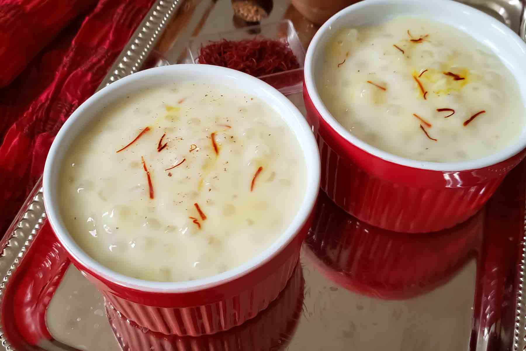 Sabudana Kheer with tapioca pearls, almond milk, cardamom, and saffron. This easy Indian dessert is perfect for festivals and fasting days.