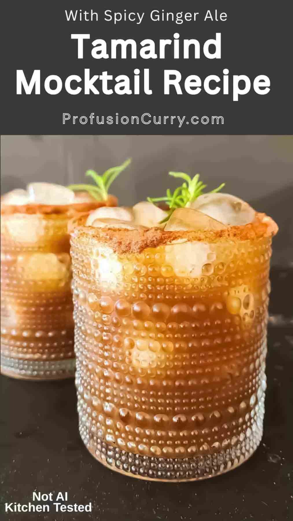 Easy tamarind mocktail recipe made with tangy tamarind nectar, ginger ale, agave syrup, and Indian chaat masala. A chamoy-rimmed glass adds a delicious Mexican-inspired twist. This sweet, sour, fizzy Indian-Mexican fusion drink is perfect for summer parties, taco nights, and alcohol-free entertaining.