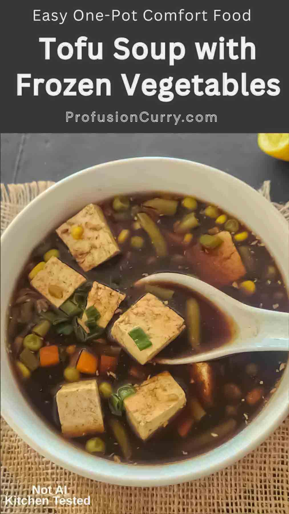 This easy Tofu Soup with Frozen Vegetables is a cozy one-pot meal made with tofu, miso paste, ginger, garlic, and frozen mixed vegetables. It takes just 20 minutes and is perfect for a quick lunch or easy vegetarian dinner. Save this simple, healthy tofu soup recipe for busy weeknights!