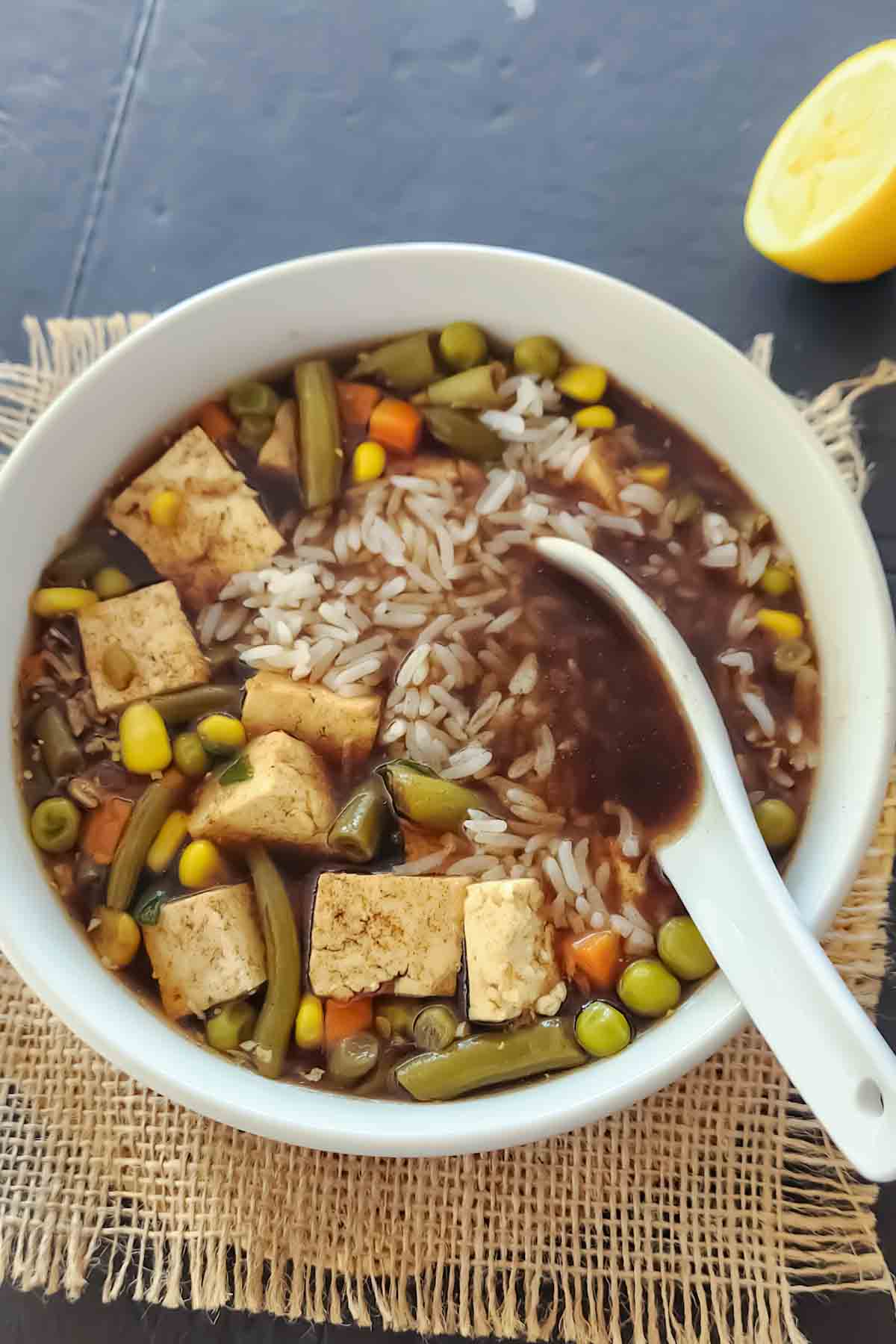 Easy tofu soup with frozen mixed vegetables and miso.