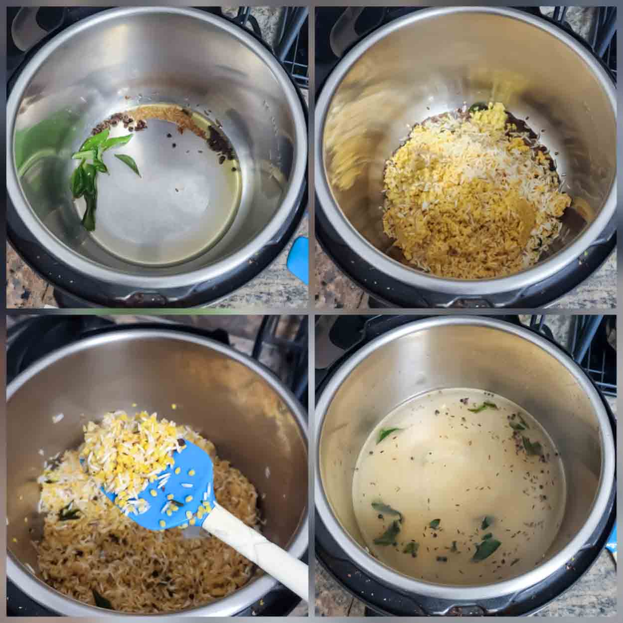Step by step process collage showing how to make South Indian Lentil rice recipe called Ven Pongal.